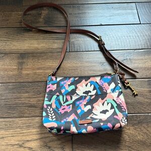 Fossil Blue and Pink‎ Crossbody Bag with floral colorful Design